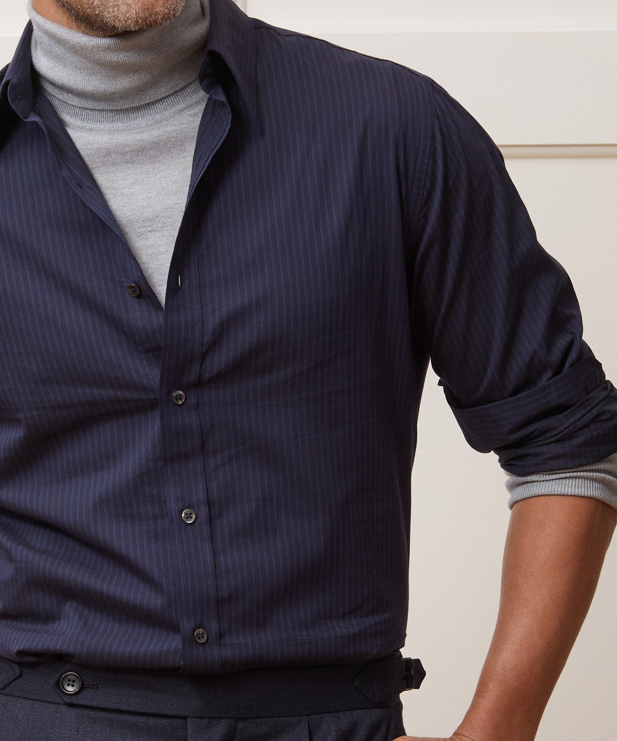 Lightweight Flannel Long Point Collar Dress Shirt - Navy