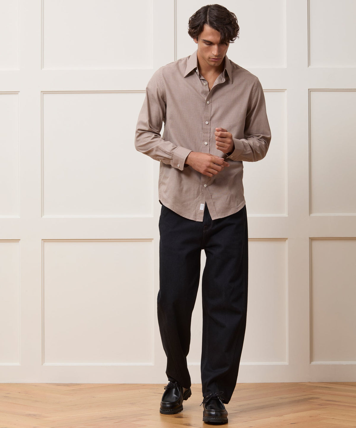 Lightweight Flannel Long Point Collar Dress Shirt - Light Brown