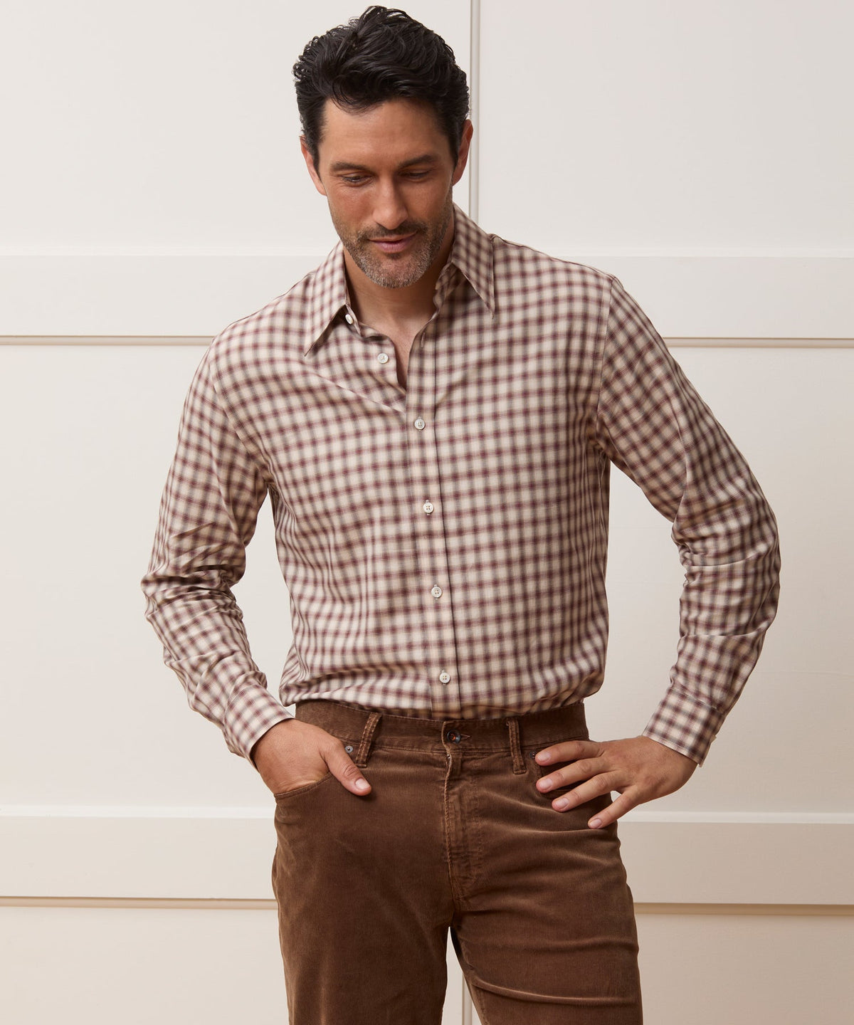 Lightweight Flannel Long Point Collar Dress Shirt - Brown
