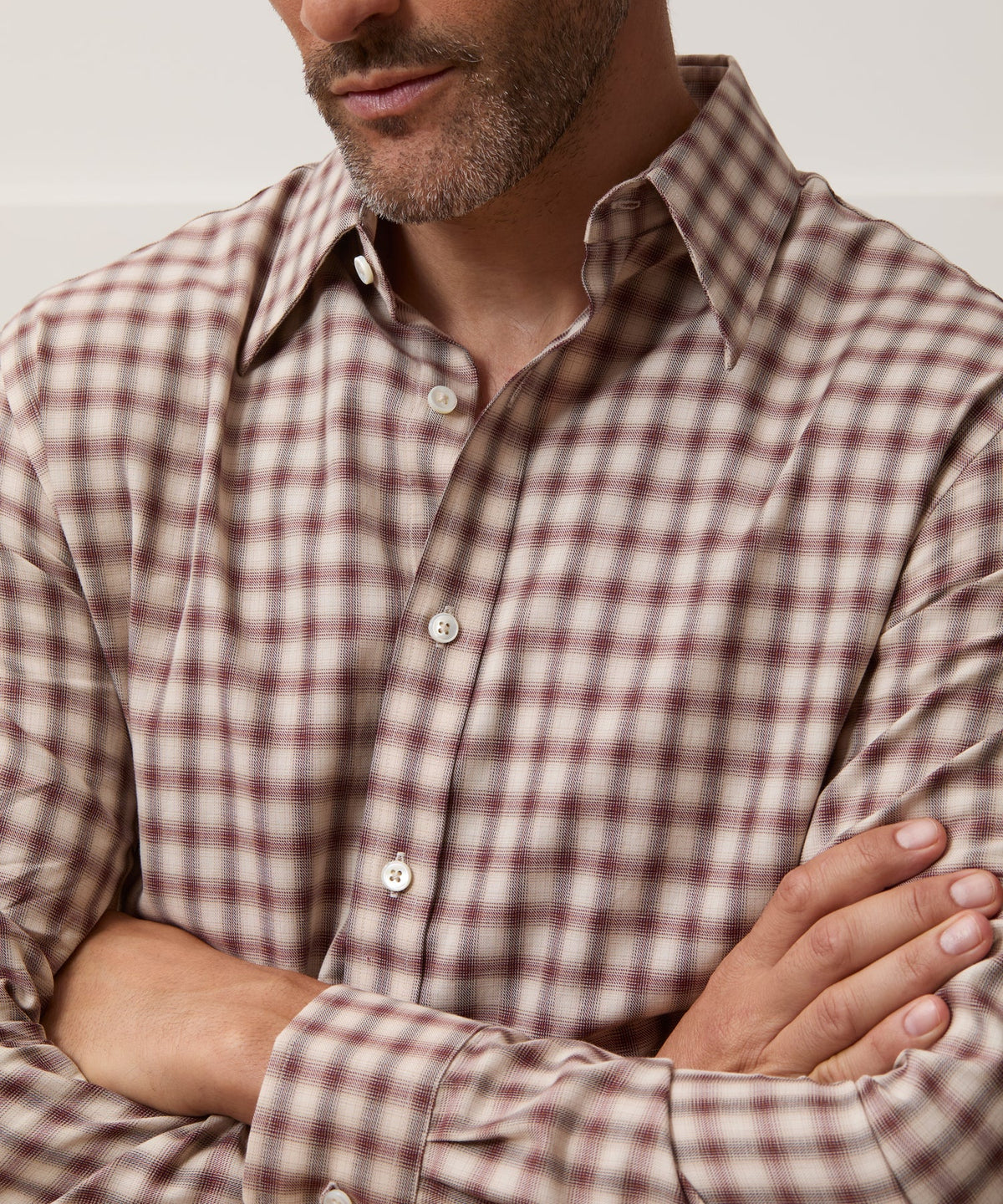 Lightweight Flannel Long Point Collar Dress Shirt - Brown