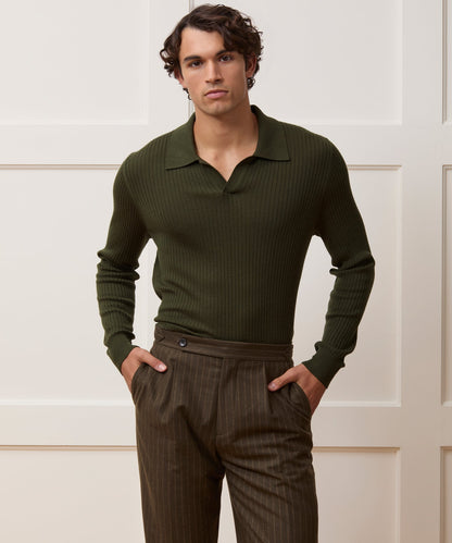 Silk-Cashmere Ribbed Montauk Sweater Polo - Evergreen