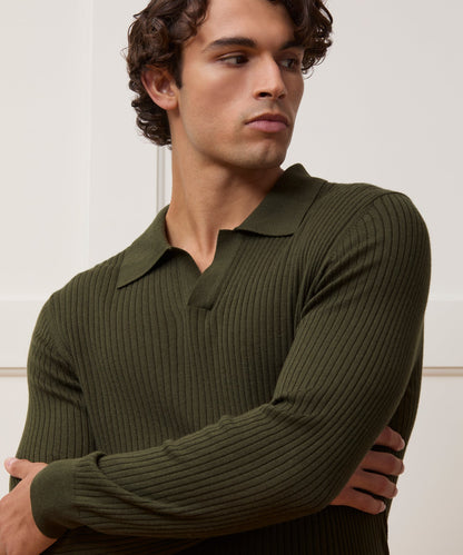 Silk-Cashmere Ribbed Montauk Sweater Polo - Evergreen