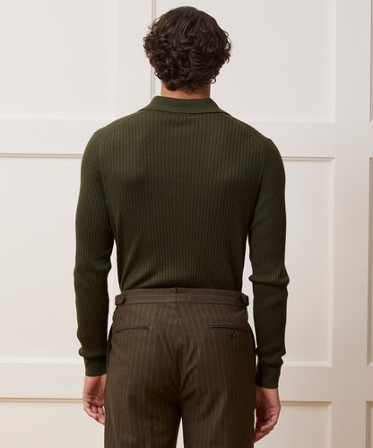 Silk-Cashmere Ribbed Montauk Sweater Polo - Evergreen
