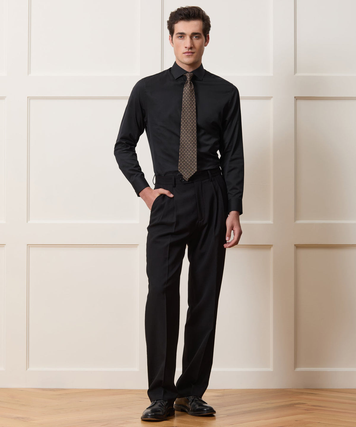 Slim Cotton-Silk Spread Collar Dress Shirt - Black