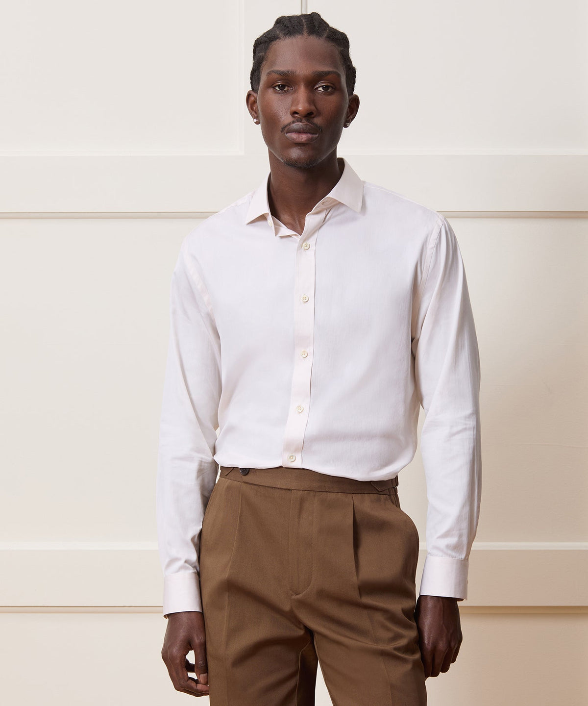 Slim Cotton-Silk Spread Collar Dress Shirt - Cream