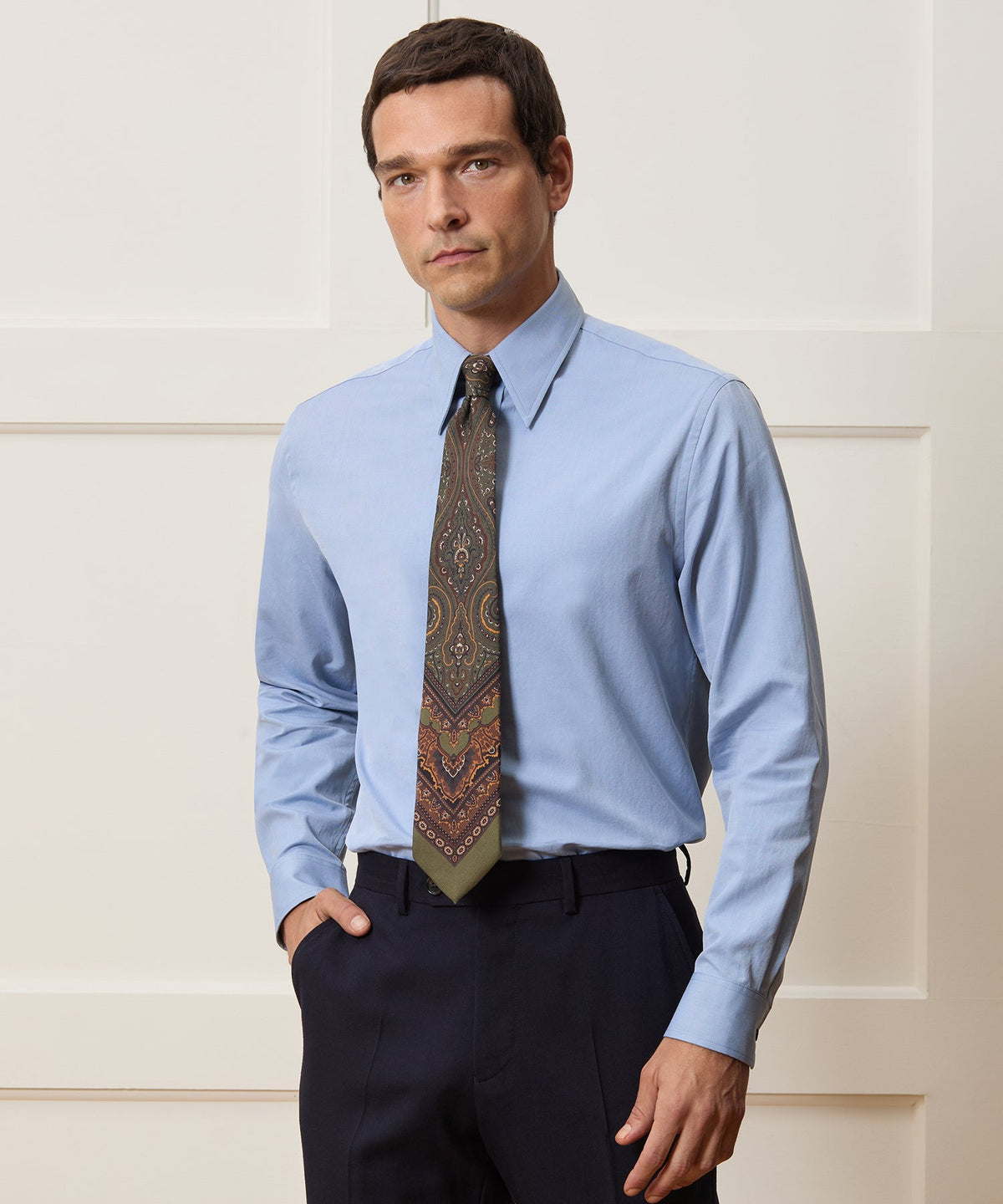 Slim Twill Long Collar Dress Shirt - Denim Blue
