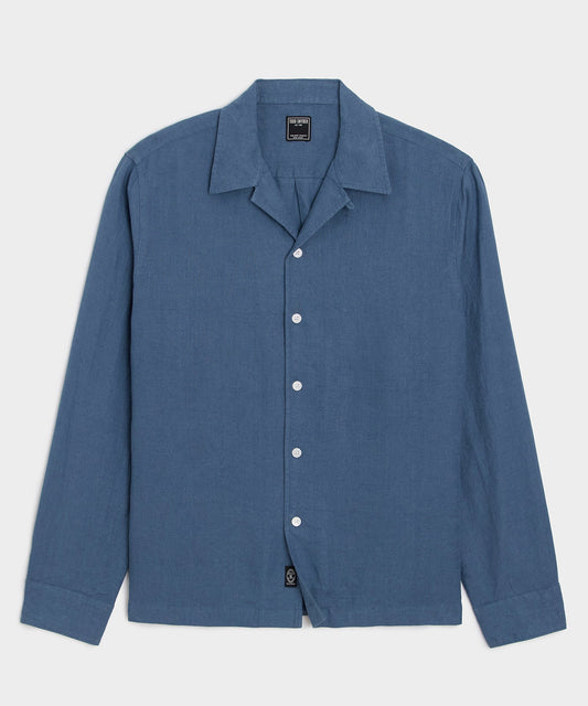 Cropped Sea Soft Irish Linen Camp Collar Shirt - Denim Blue