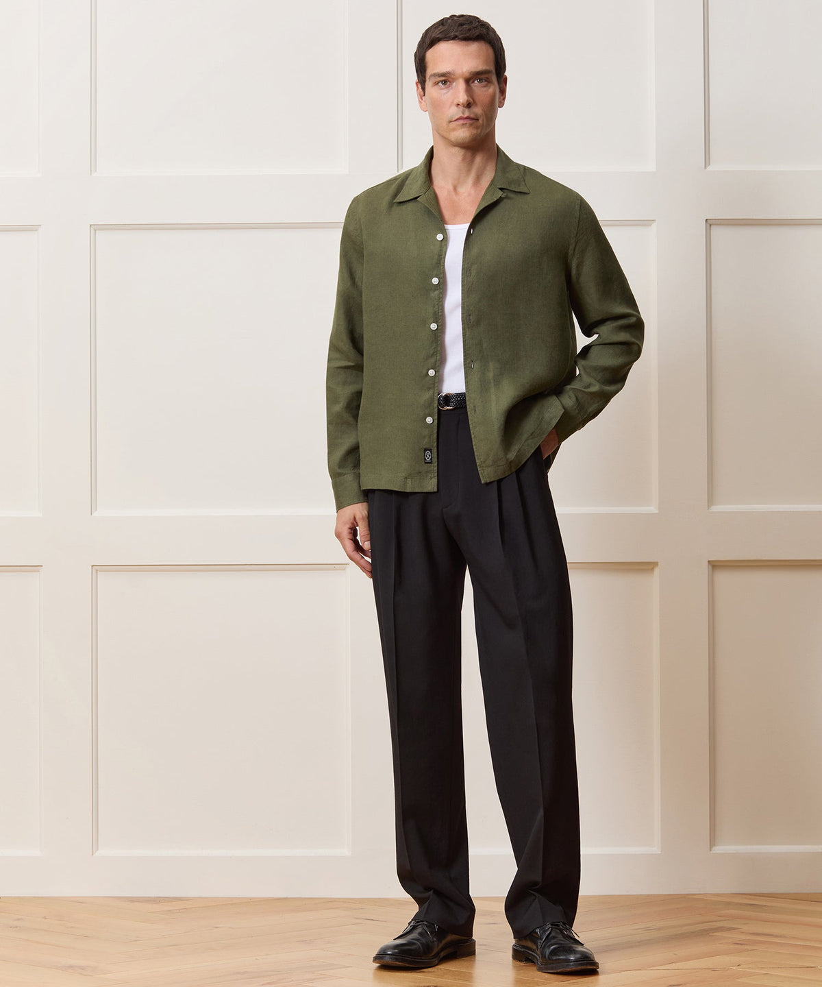 Cropped Sea Soft Irish Linen Camp Collar Shirt - Desert Olive
