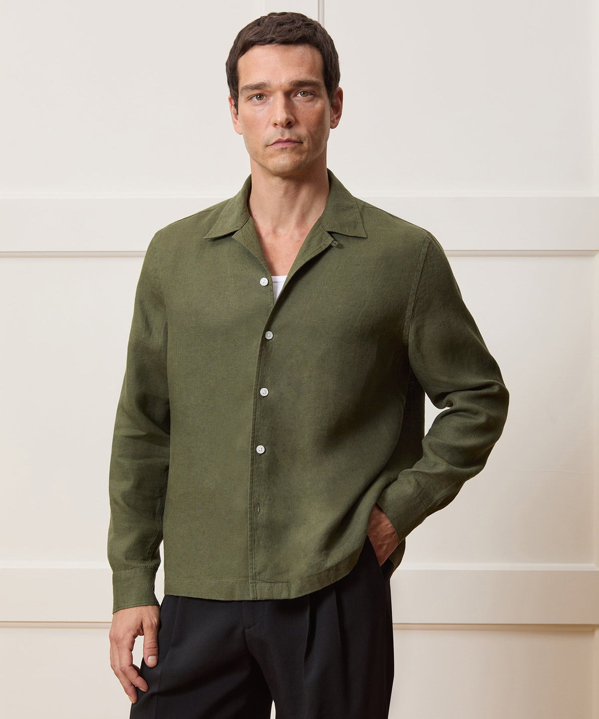 Cropped Sea Soft Irish Linen Camp Collar Shirt - Desert Olive