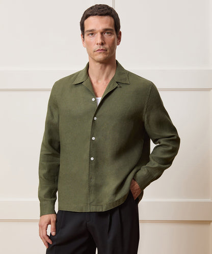 Cropped Sea Soft Irish Linen Camp Collar Shirt - Desert Olive