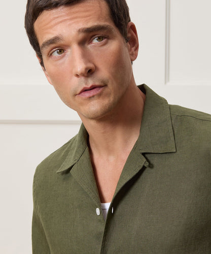 Cropped Sea Soft Irish Linen Camp Collar Shirt - Desert Olive