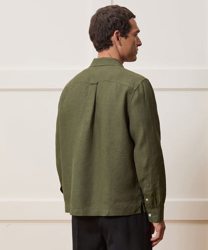 Cropped Sea Soft Irish Linen Camp Collar Shirt - Desert Olive