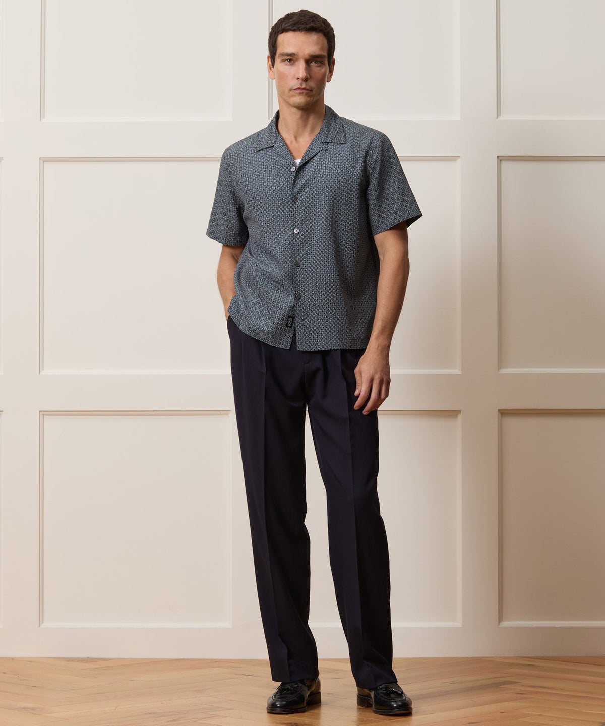 Cropped Silk Geo Camp Collar Shirt - Dark Graphite