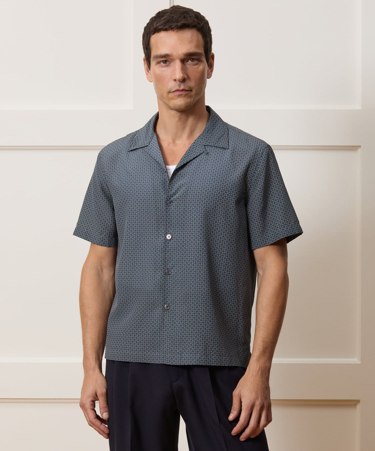 Cropped Silk Geo Camp Collar Shirt - Dark Graphite