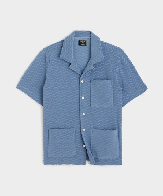 Wave Jacquard Terry Guayabera Polo Shirt - Steel Blue