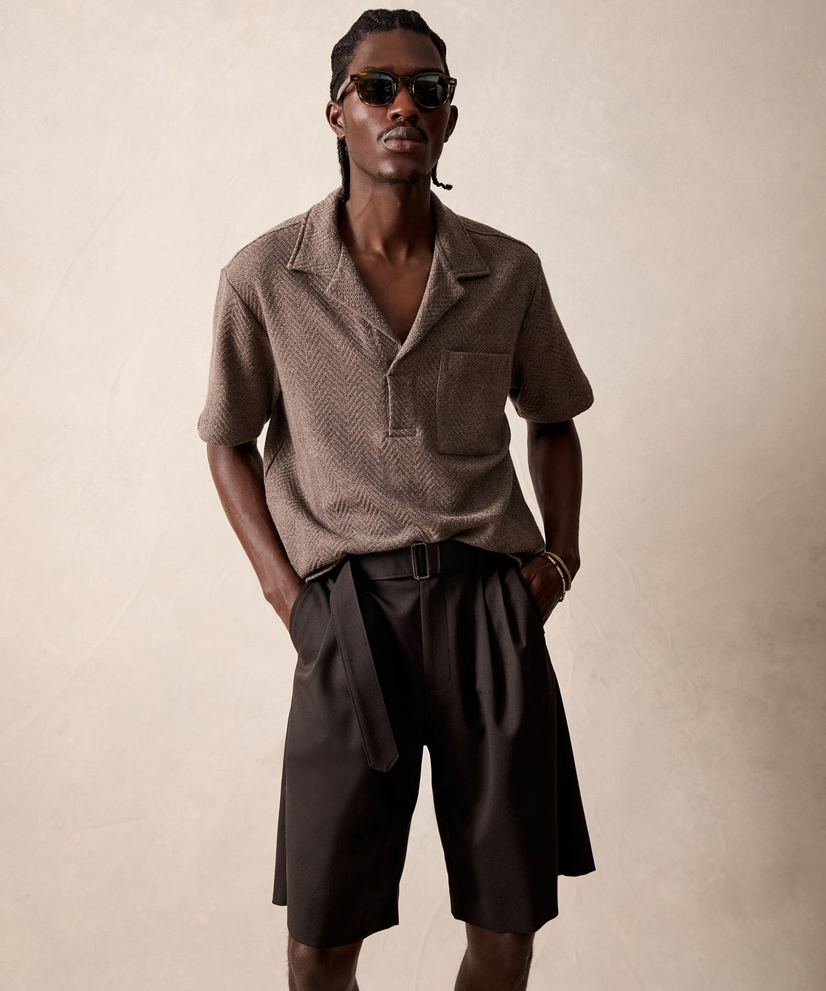 Relaxed Wool-Cotton Herringbone Montauk Polo - Burlap