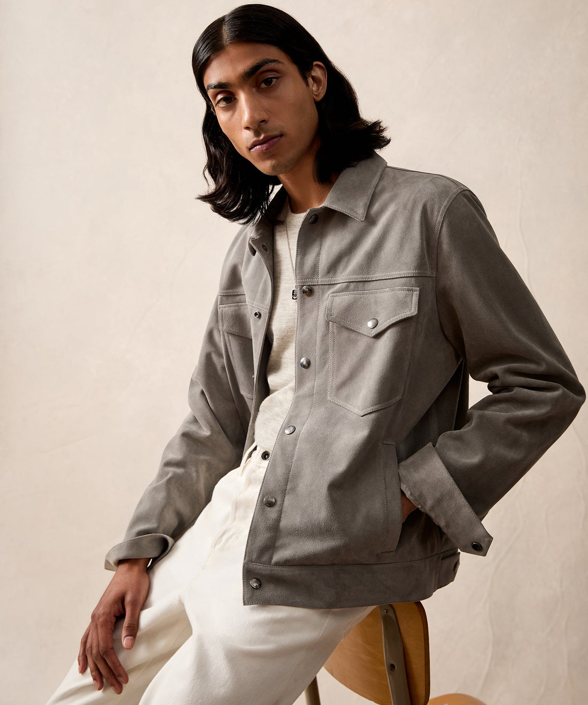 Italian Suede Dylan Jacket - Light Grey