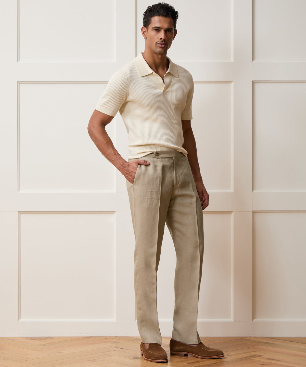 Italian Linen Side Tab Trouser - Beige