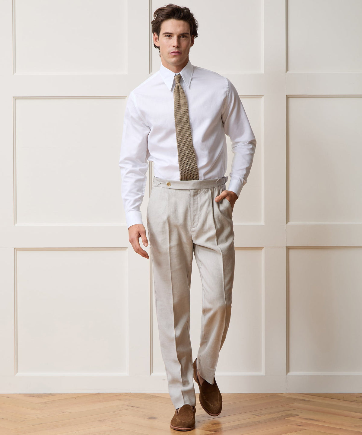 Italian Cotton-Linen Long Point Collar Dress Shirt - White