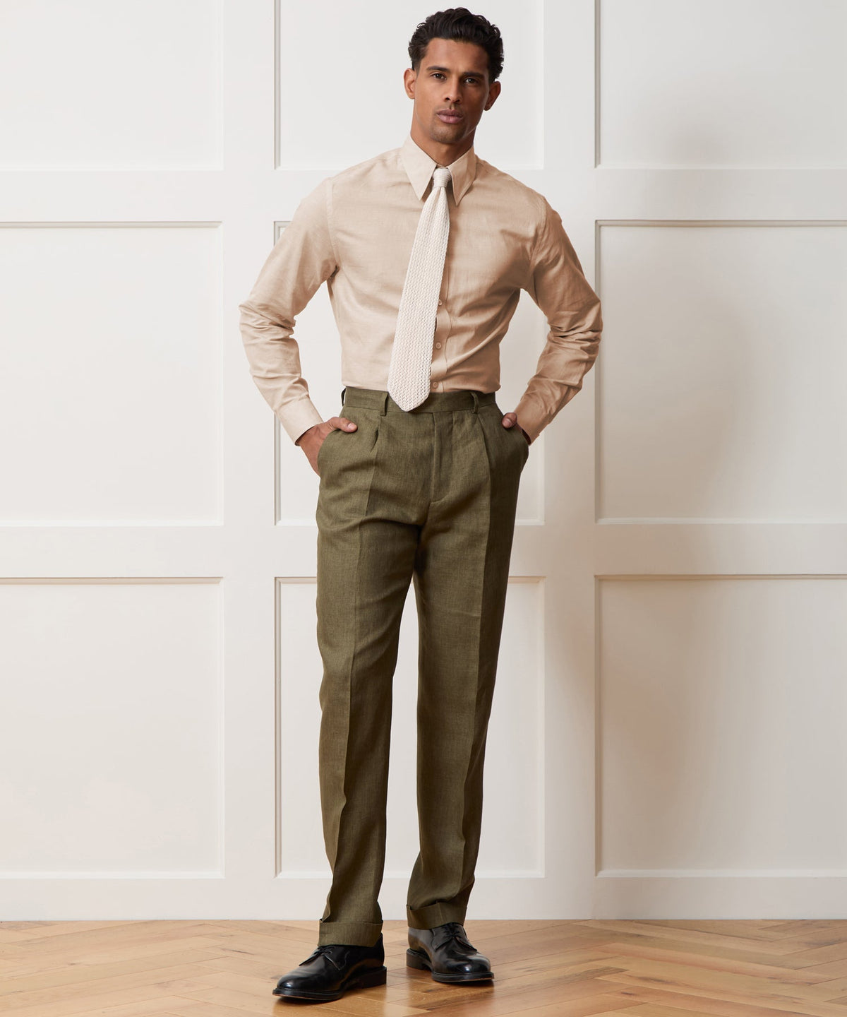 Italian Cotton-Linen Long Point Collar Dress Shirt - Beige
