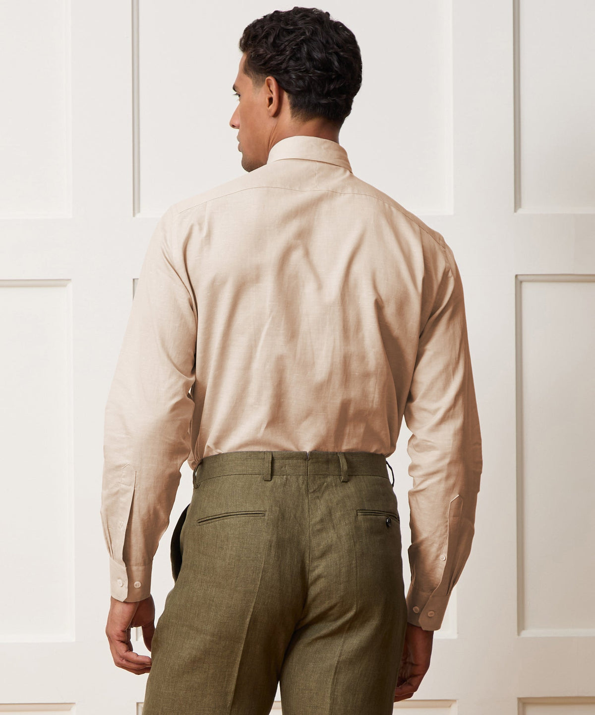 Italian Cotton-Linen Long Point Collar Dress Shirt - Beige