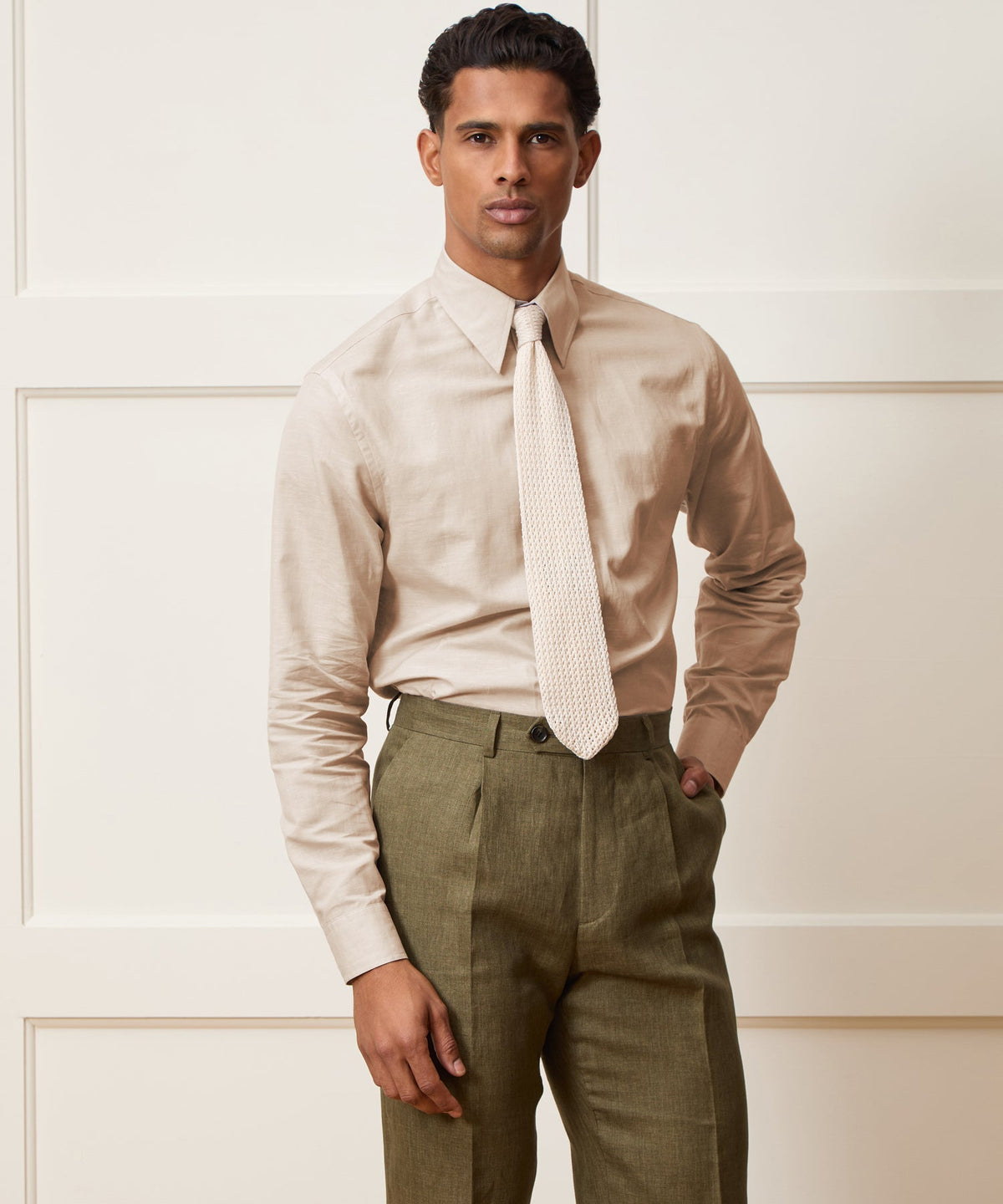 Italian Cotton-Linen Long Point Collar Dress Shirt - Beige