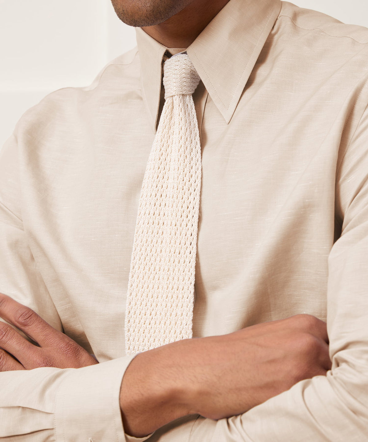 Italian Cotton-Linen Long Point Collar Dress Shirt - Beige