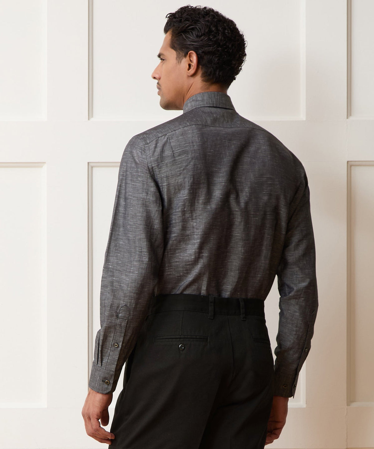 Italian Cotton-Linen Long Point Collar Dress Shirt - Black