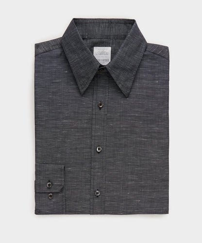 Italian Cotton-Linen Long Point Collar Dress Shirt - Black