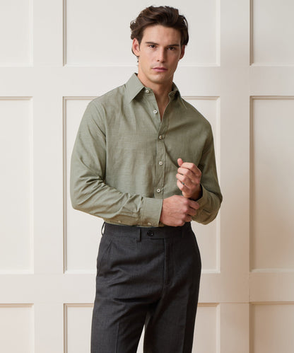 Italian Cotton-Linen Long Point Collar Dress Shirt - Olive