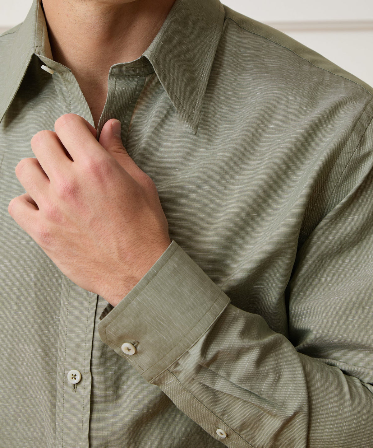 Italian Cotton-Linen Long Point Collar Dress Shirt - Olive