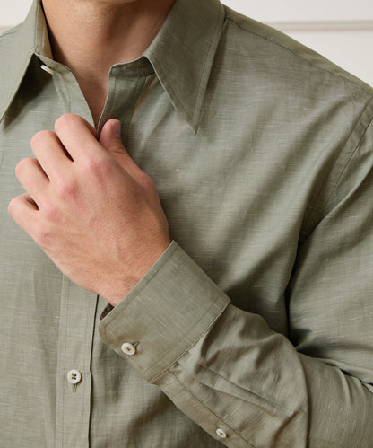 Italian Cotton-Linen Long Point Collar Dress Shirt - Olive