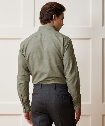 Italian Cotton-Linen Long Point Collar Dress Shirt - Olive