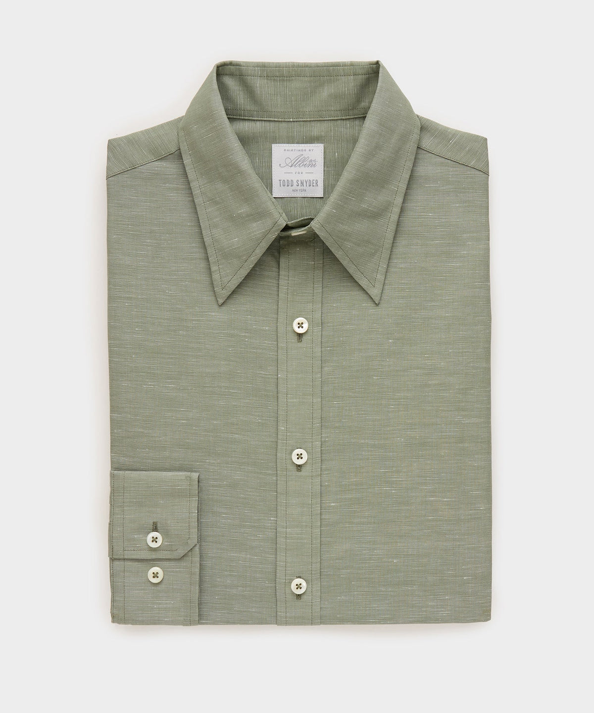 Italian Cotton-Linen Long Point Collar Dress Shirt - Olive