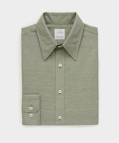 Italian Cotton-Linen Long Point Collar Dress Shirt - Olive
