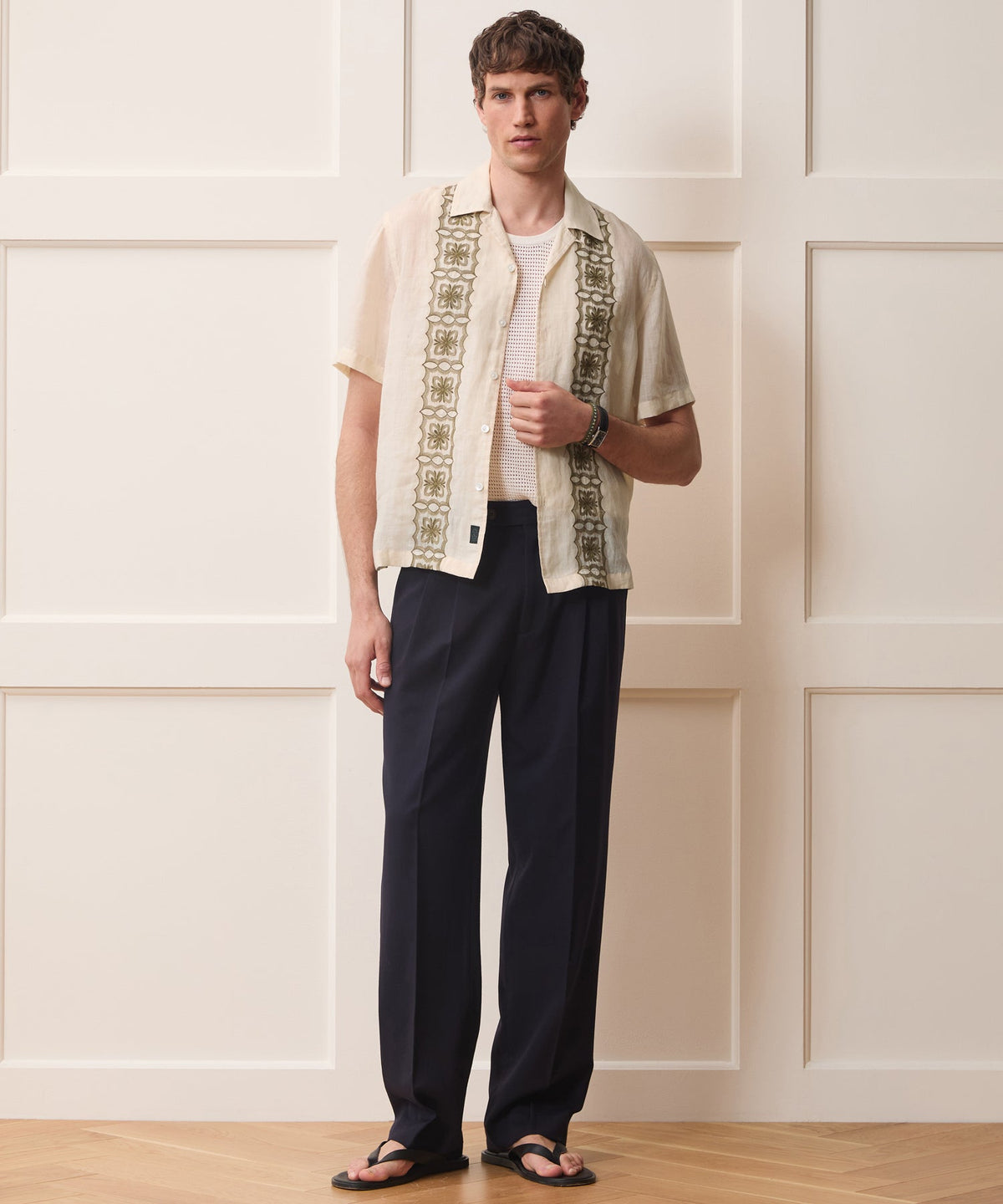 Embroidered Voile Capri Shirt - Beige
