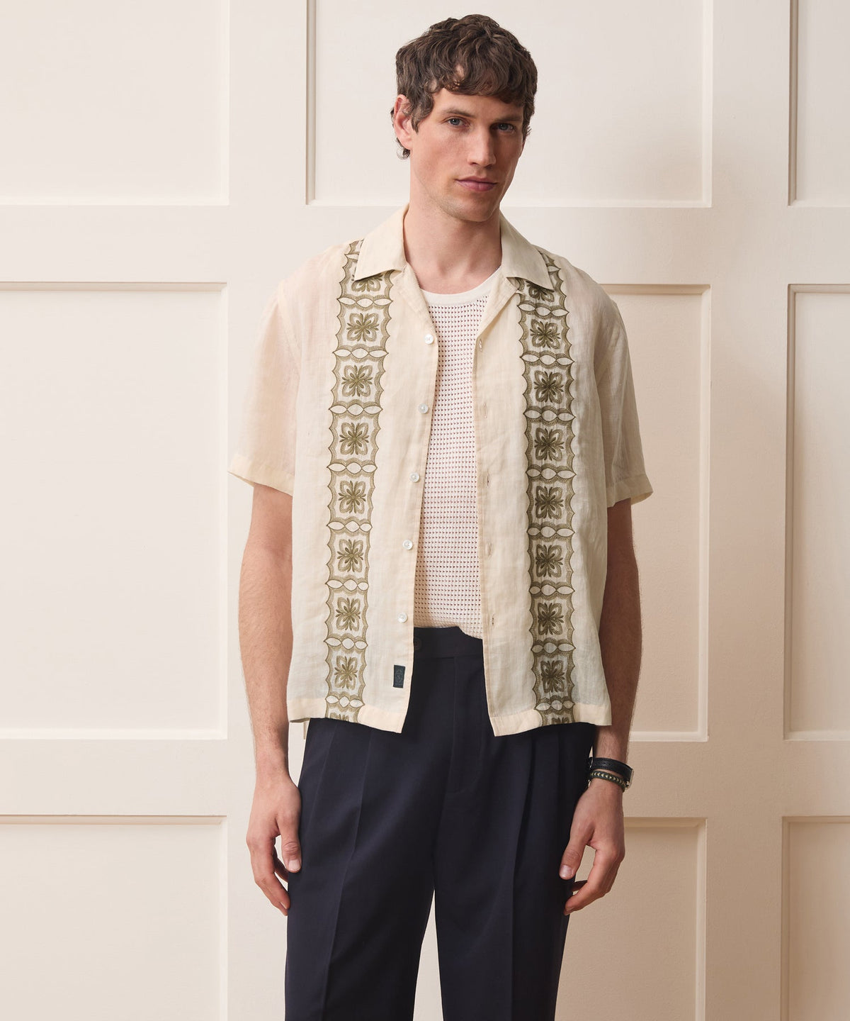 Embroidered Voile Capri Shirt - Beige