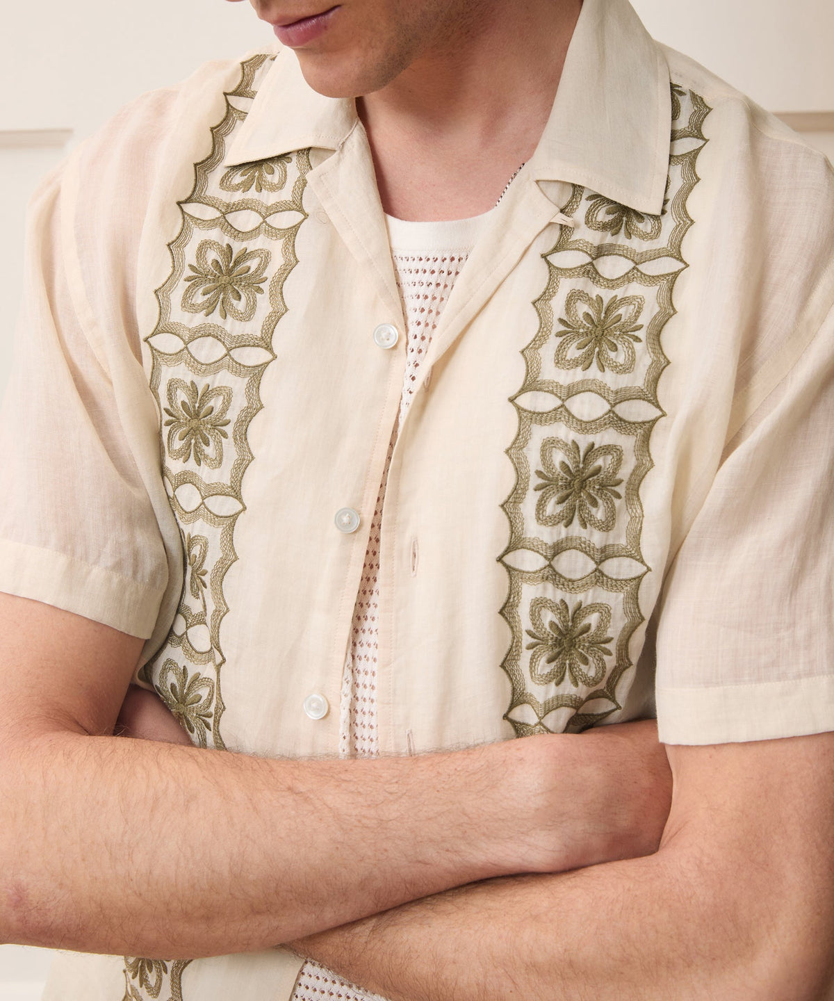 Embroidered Voile Capri Shirt - Beige