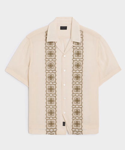 Embroidered Voile Capri Shirt - Beige
