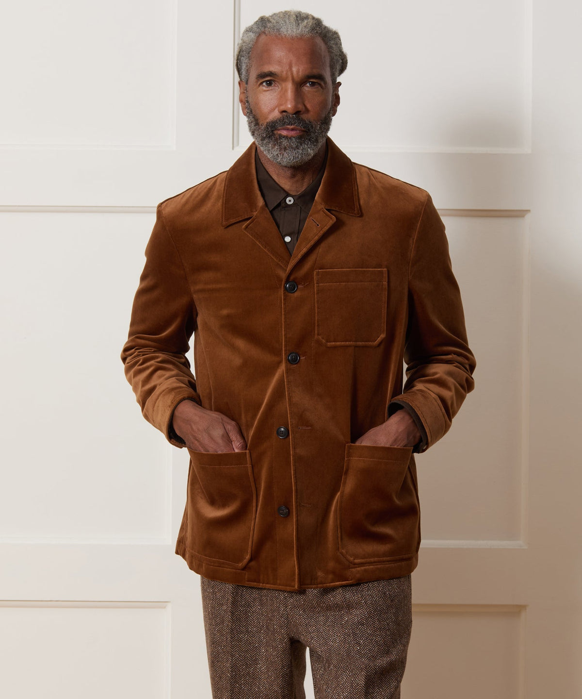 Italian Velvet Tailored Chore Coat - Caramel