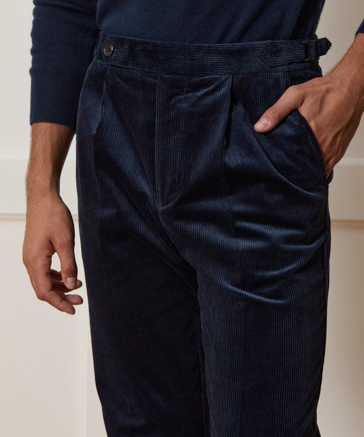 Italian Corduroy Side Tab Trouser - Navy