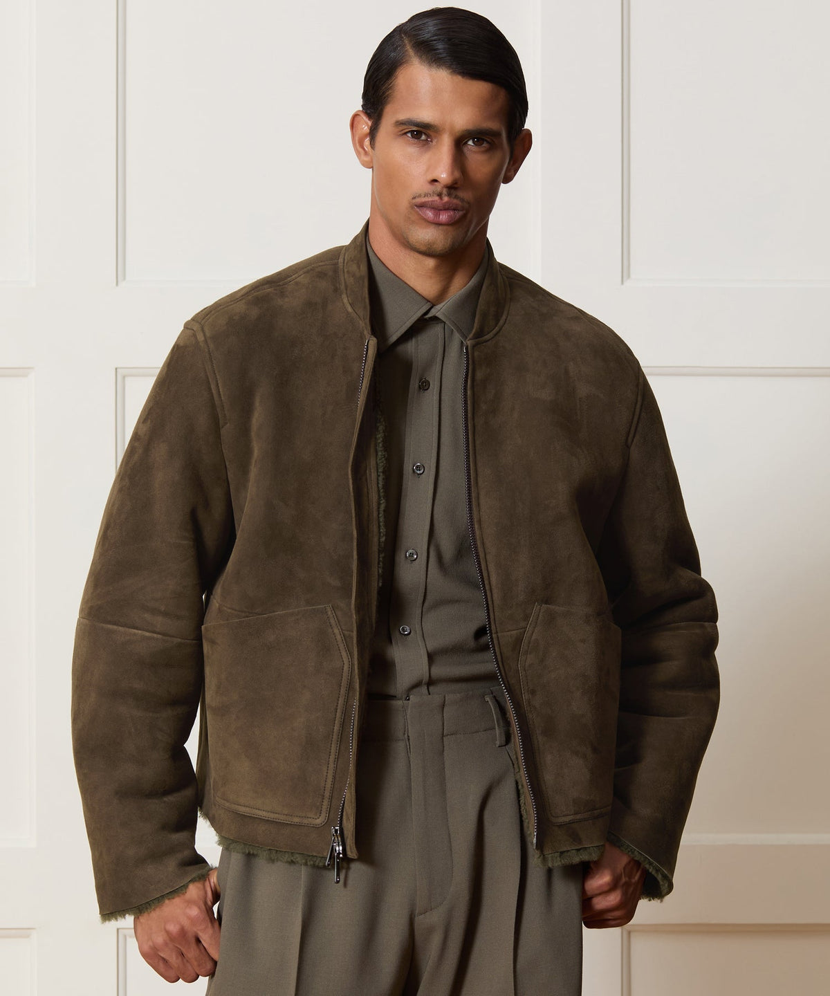 Italian Shearling Aviator Jacket - Olive