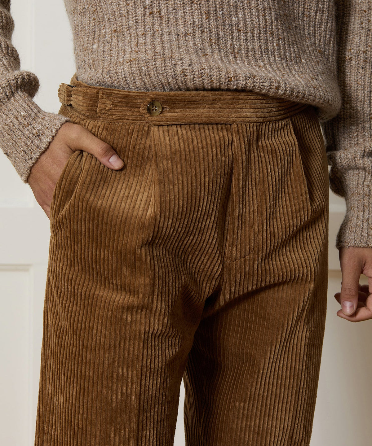 Italian Wide Wale Corduroy Side Tab Trouser - Brown