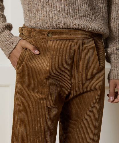 Italian Wide Wale Corduroy Side Tab Trouser - Brown