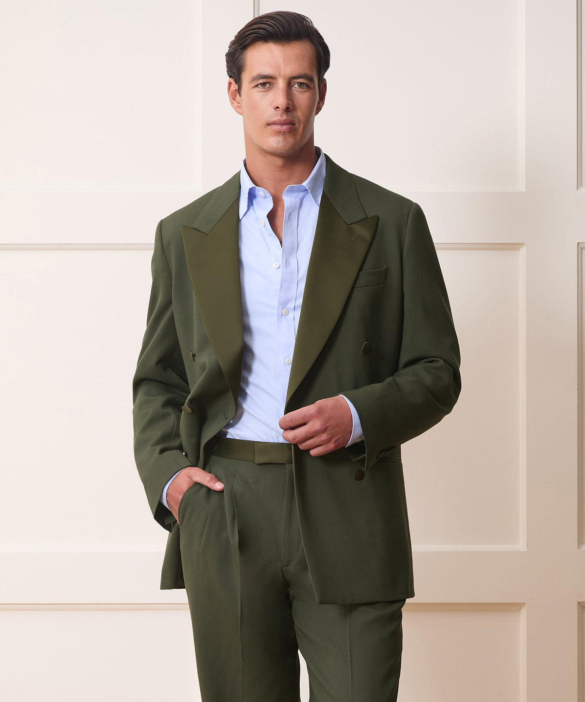 Italian Gabardine Double-Breasted Tuxedo Jacket - Snyder Olive