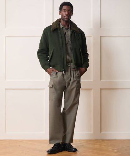 Shearling Collar Wool Bomber Jacket - Olive