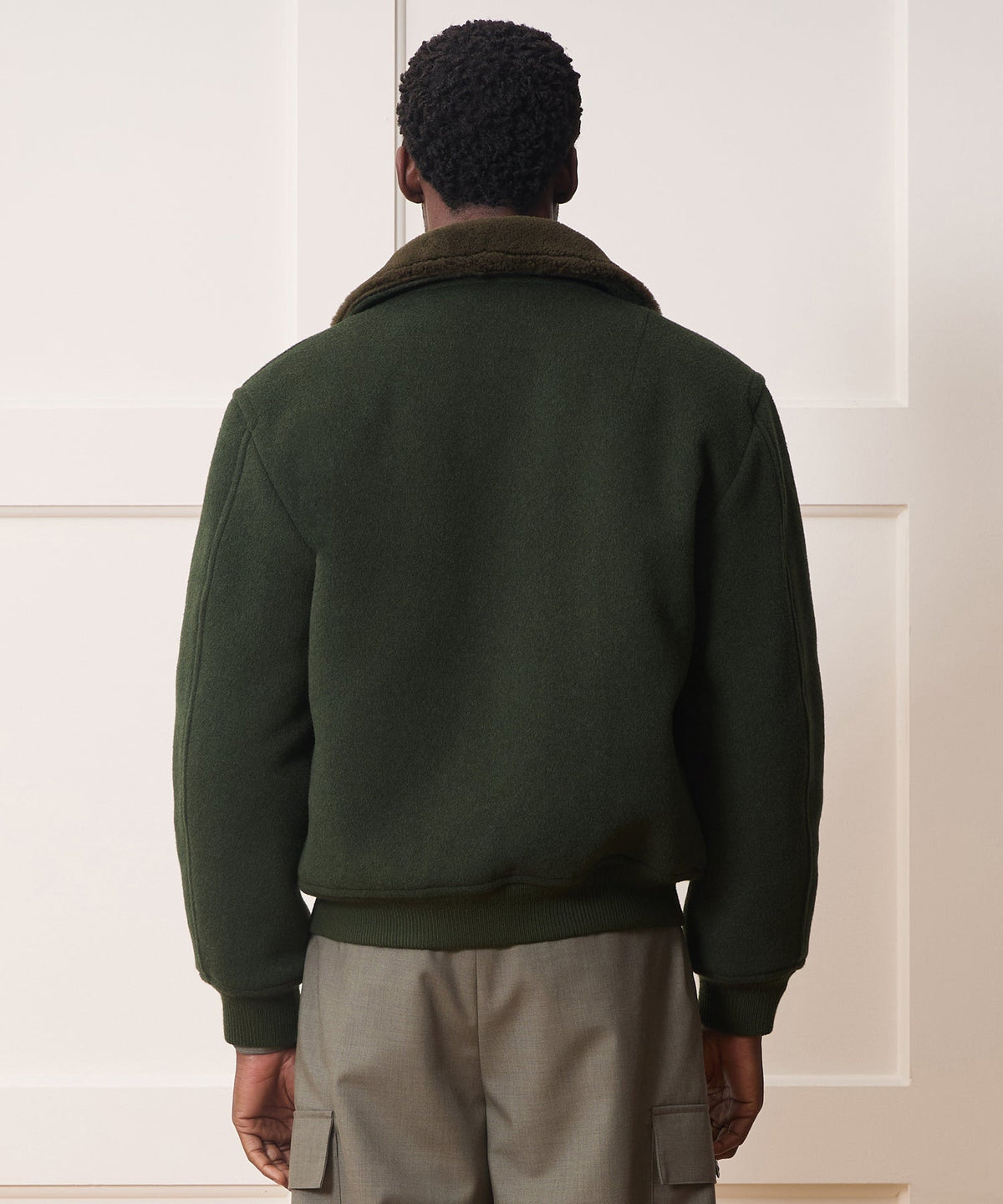 Shearling Collar Wool Bomber Jacket - Olive