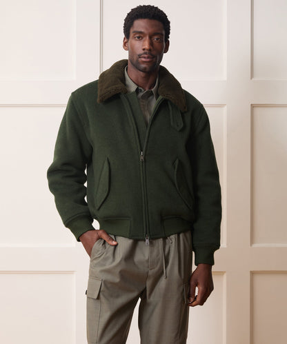 Shearling Collar Wool Bomber Jacket - Olive