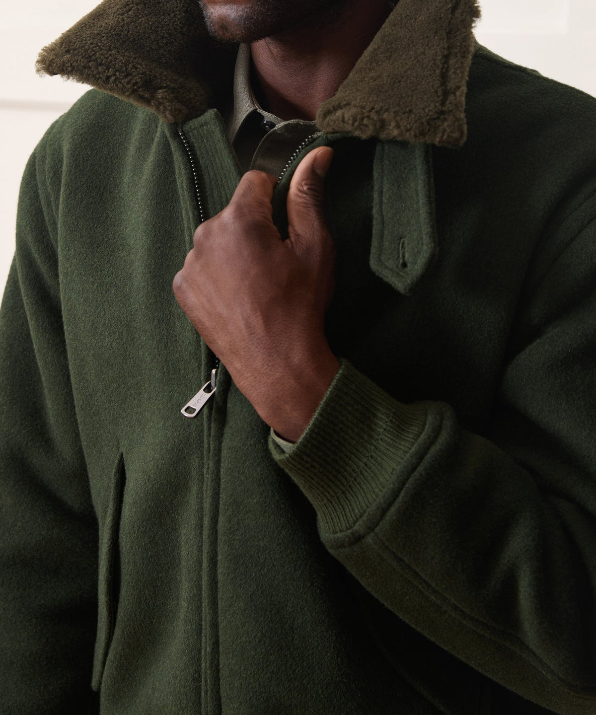 Shearling Collar Wool Bomber Jacket - Olive