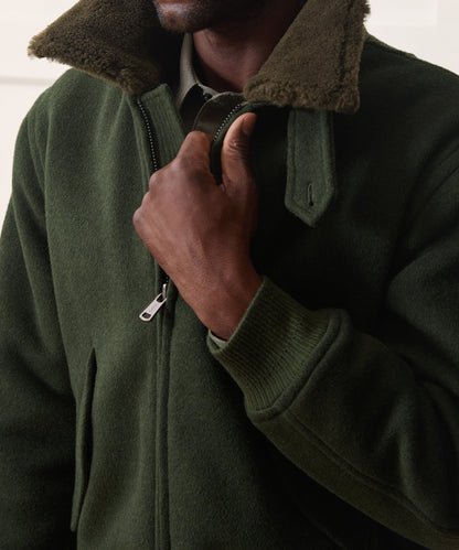 Shearling Collar Wool Bomber Jacket - Olive